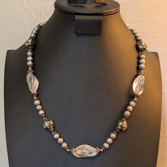 Vintage to Antique Sterling Silver Pearl Rock Quartz Abalone Shell Bead Necklace - Picture 10 of 10